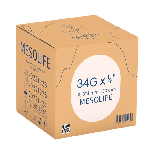 Игла одноразовая медицинская инъекционная стерильная MESOLIFE 34G 0,18*4 мм 100/5000