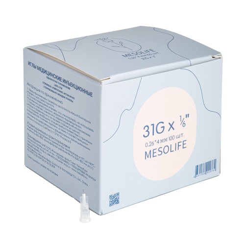 Игла одноразовая медицинская инъекционная стерильная MESOLIFE 31G 0,26*4 мм 100/5000